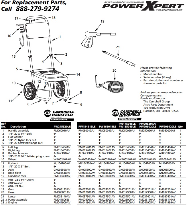 Campbell Hausfeld PW175015LE pressure washer replacment parts
